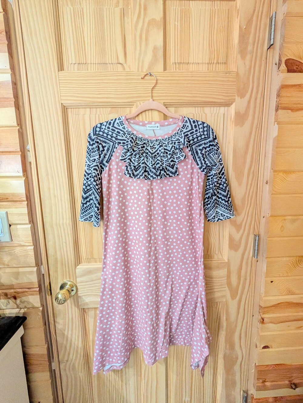 Nuggles Girls' 14 Pink Polka Dot Dress with Black & White Patterned Yoke